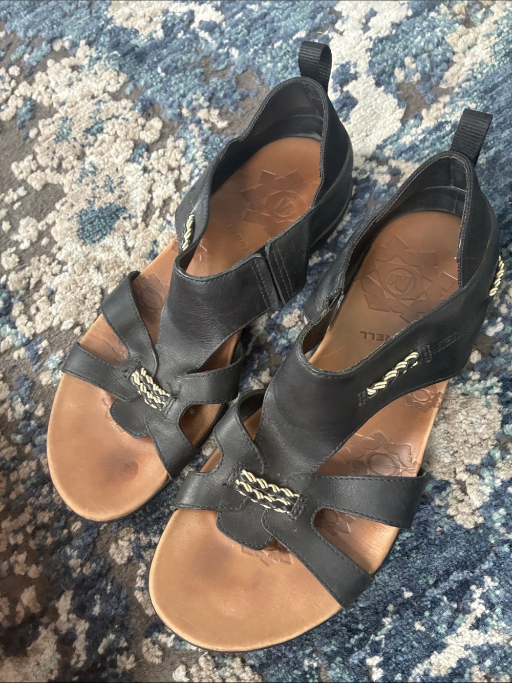 Merrell Black Leather Braided T-Strap Sandals
